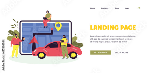 City map on tablet and tiny people sharing transport. Car rental application flat vector illustration. Transportation, traveling, car sharing, communication concept for banner or landing web page