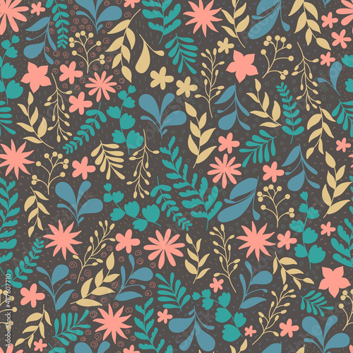 Floral and leaves seamless pattern. silhouette flowers  branches  leaves textures. elegant template for fashionable printers. Simple universal background.