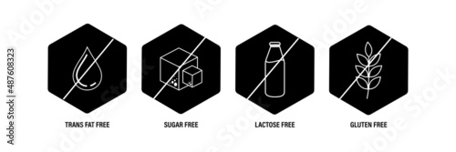 common food allergens abstract. trans fat-free, sugar-free, lactose- free and gluten free vector  icons