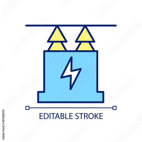 Power transformer blue and yellow RGB color icon. Electricity generating substation equipment. Isolated vector illustration. Simple filled line drawing. Editable stroke. Arial font used