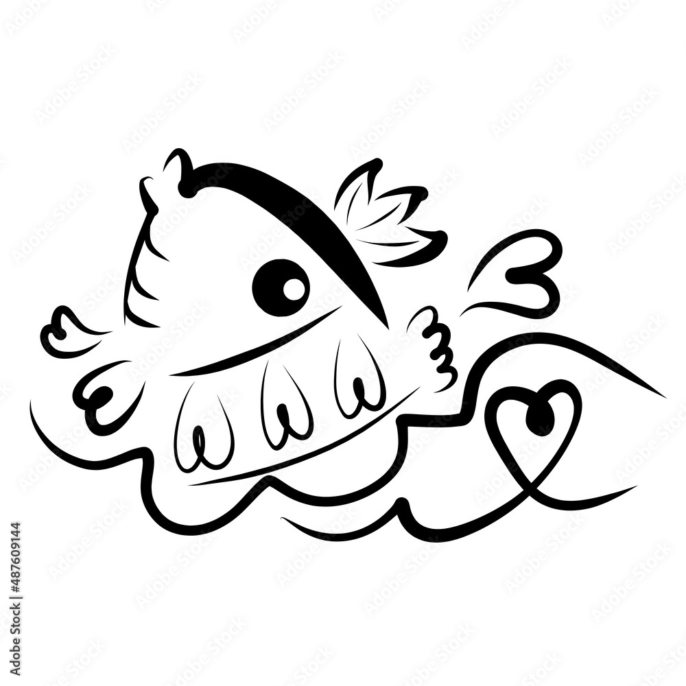 goldfish in a crown with hearts emerges from the water, black pattern goldfish in a crown with hearts emerges from the water, black pattern
