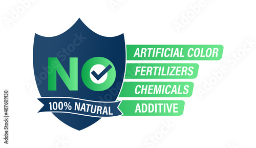 '100% natural, no artificial color, fertilizers, chemicals and additives' vector icon.