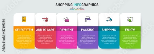 Concept of shopping process with 6 successive steps. Six colorful graphic elements. Timeline design for brochure, presentation, web site. Infographic design layout.