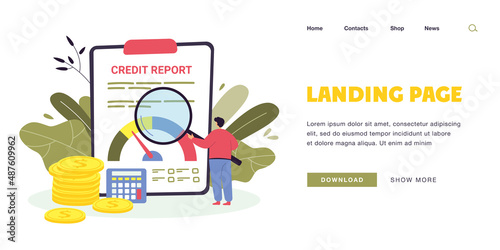 Cartoon businessman checking credit report through magnifier. Person studying document or credit card information, payment history review flat vector illustration. Finances or money business concept