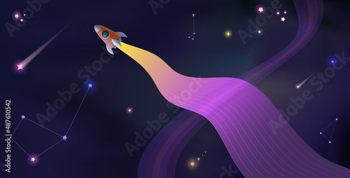 Neon cosmos and universe kids background with rocket or spaceship, shiny stars and rainbow. Cartoon illustration with pink cosmos background, fantasy outer space wallpaper for kids. Vector design.