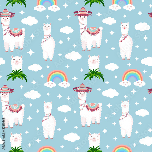 Seamless pattern with funny llamas in sombrero, clouds, stars and rainbows on a blue background. Vector illustration for baby texture, textile, fabric, poster, postcard, decor. Alpaca from Peru.