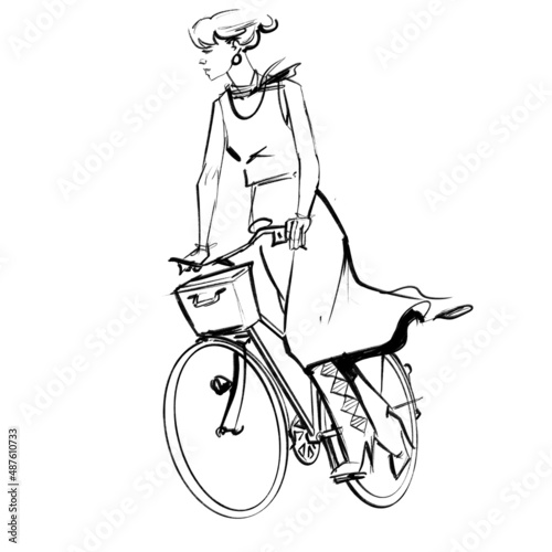 Take off. Fashion illustration of a young woman dressed in a maxi skirt and boots pushing off leaving on her bicycle. 