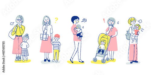複数のママと子供　困った表情　全身　セット