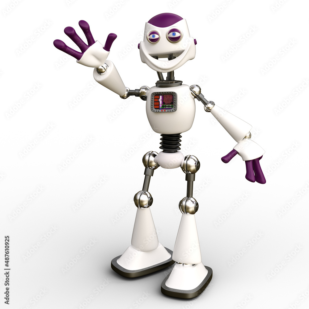3D-illustration of a cute and funny excited cartoon robot . isolated rendering object 3D-illustration of a cute and funny excited cartoon robot . isolated rendering object
