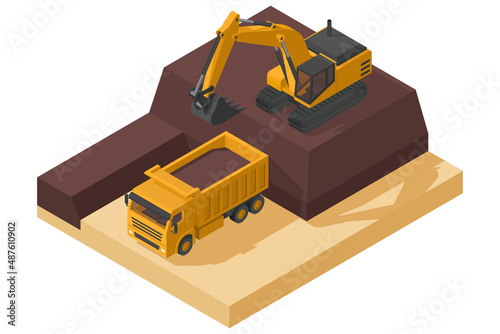 yellow heavy machinery with dump truck and isometric excavator working on a construction site