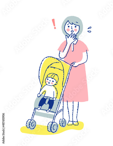 ママとベビーカーに乗る男の子ママ　困った表情　全身