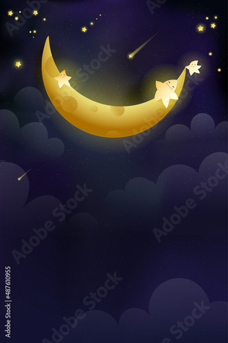 Golden moon with shiny stars sleeping at night, poster with clouds stars and a crescent. Cute moon and stars lullaby vertical wallpaper. Vector illustration of night sky for children and kids.