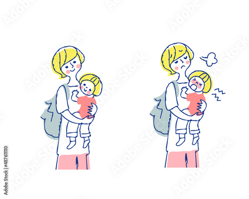 赤ちゃんを抱っこしている若いママ　笑顔と困った表情　上半身