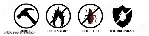 Durable, fire resistance, termite free and water resistance vector icons,  black in color photo