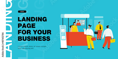 Visitors coming to exhibition in business center. Men and women at trade show flat vector illustration. Business marketing or presentation concept for banner, website design or landing web page