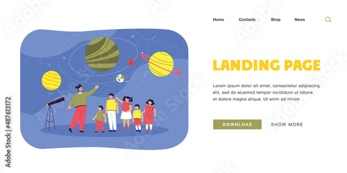 Cartoon children on school trip to planetarium with teacher. Kids learning about space and planets flat vector illustration. Astronomy, education concept for banner, website design or landing web page