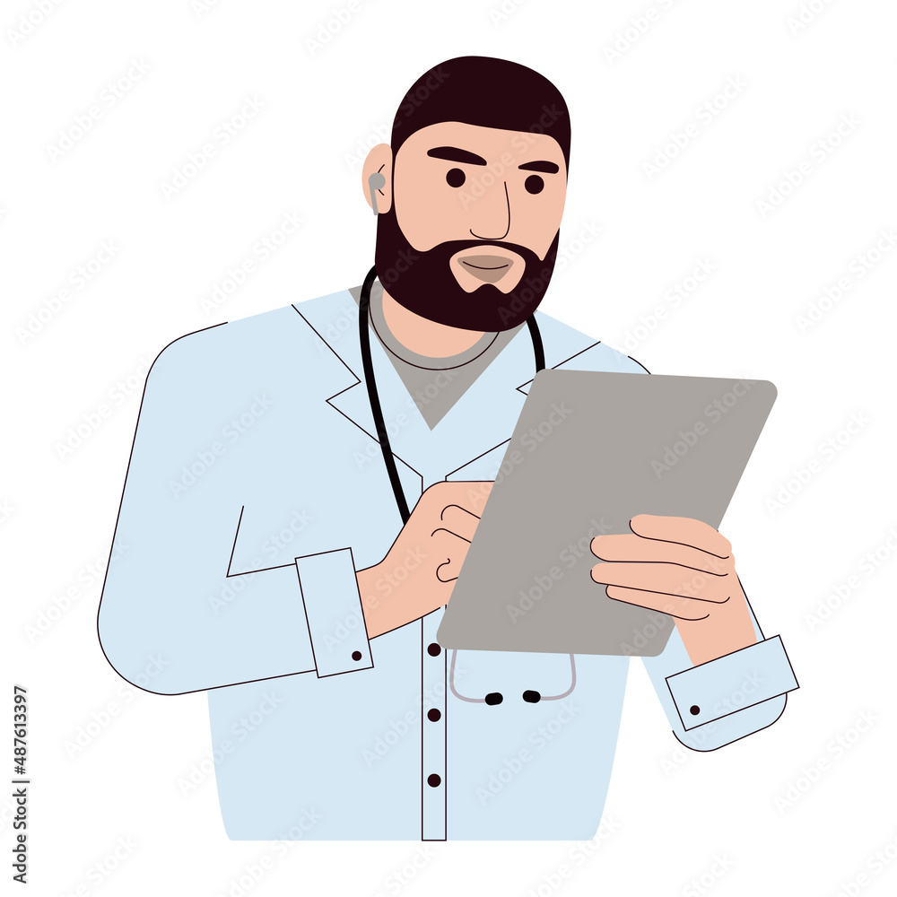 A young male doctor conducts an online consultation with a patient. The doctor uses the Internet for remote work. Vector illustration on white background. For print, web design.