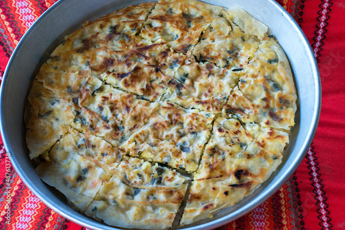 Bulgarian national dish Patatnik, made from potatoes and cheese - selective focus photo