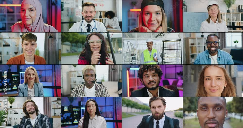 Mosaic of attractive positive diverse multiethnic young and adult people of different professions which posing into camera indoors and outdoors
