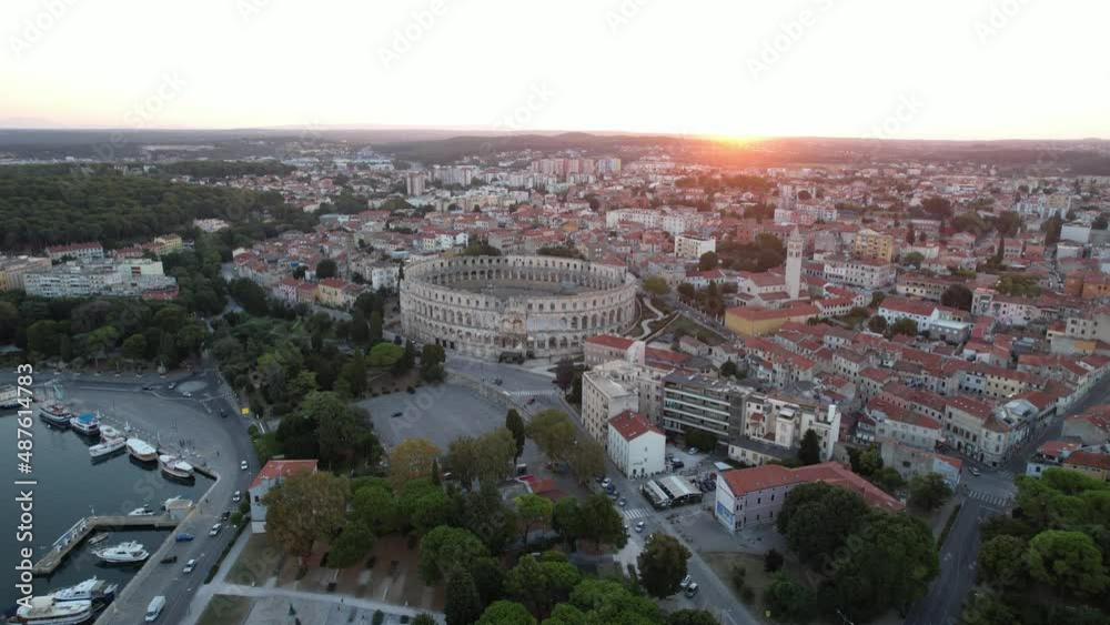 Amphitheater against the backdrop of dawn from the air Amphitheater against the backdrop of dawn from the air