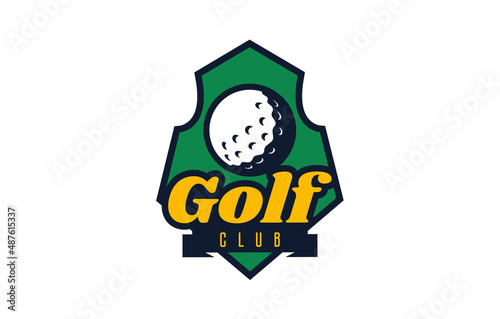 Logo, golf emblem. Colorful golf ball logo on the background of the shield. Sports club, team logo template. Badge, icon, ball, shield. Isolated vector illustration on white background