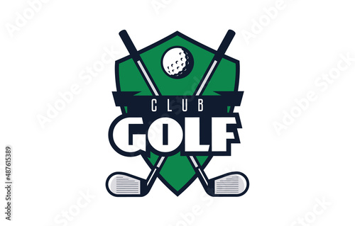 Logo, emblem of the ball and sticks for golf. Colorful emblem of golf ball and sticks on shield background. Sports club, team logo template. Badge, icon, shield. Isolated vector illustration