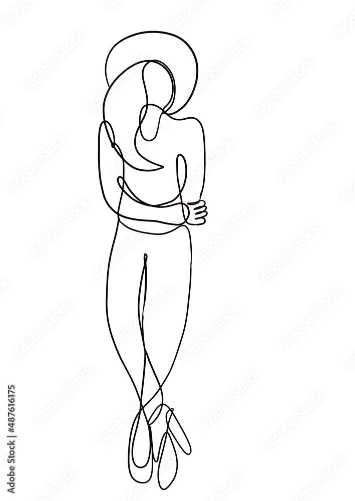 drawing of a continuous line silhouette of a woman on a white background in full height in a hat
