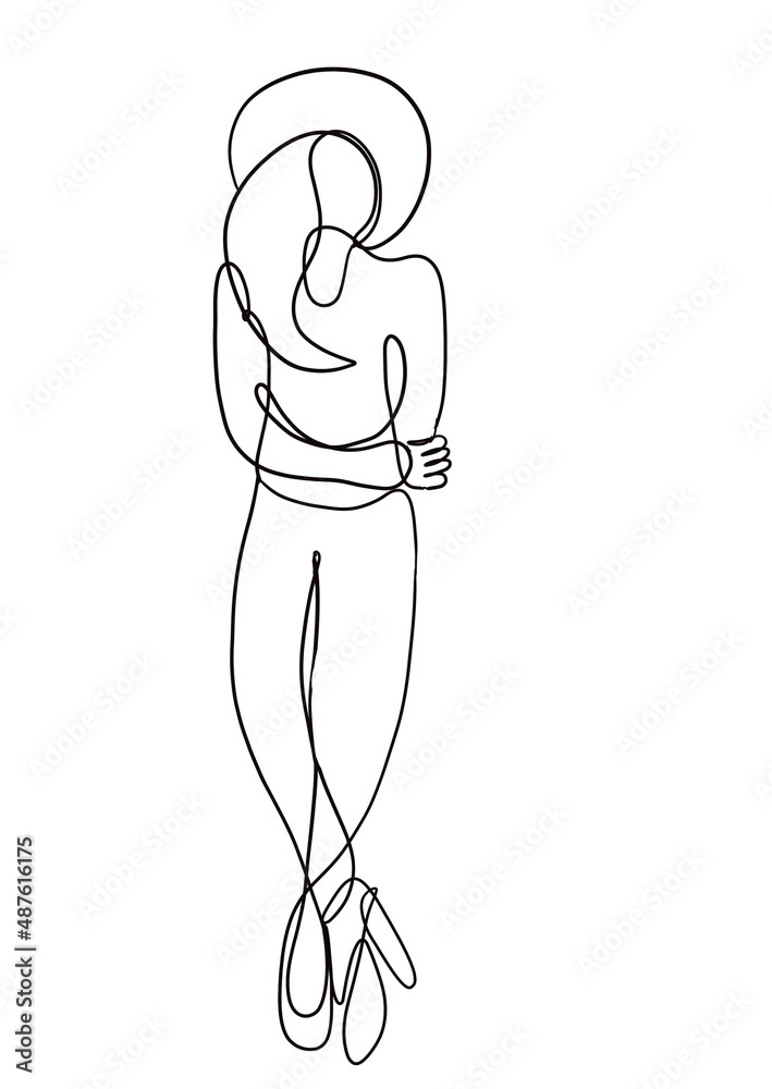 drawing of a continuous line silhouette of a woman on a white background in full height in a hat drawing of a continuous line silhouette of a woman on a white background in full height in a hat