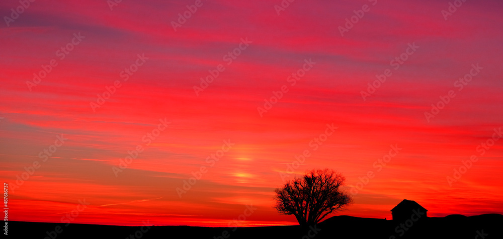 Old House Homestead and Tree in Winter Sunset Silhouette Old House Homestead and Tree in Winter Sunset Silhouette
