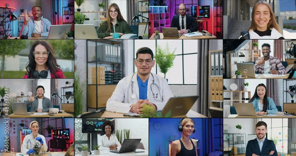 Split screen of likable positive successful diverse people of various occupations and activities which posing on camera with sincerely smiles,diversity of career people