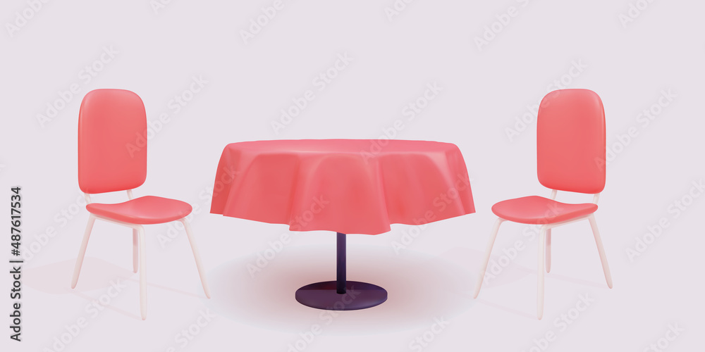 3D round table with red tablecloth and chairs, illustration on gray background. Vector illustration. 3D round table with red tablecloth and chairs, illustration on gray background. Vector illustration.