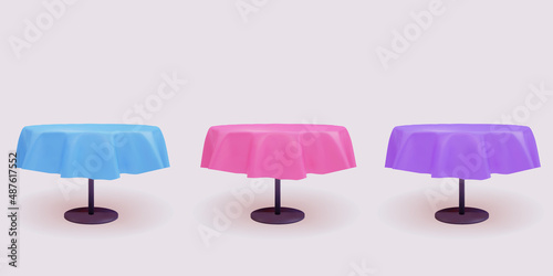 3D set of round tables with tablecloth, illustration on gray background. Vector illustration.
