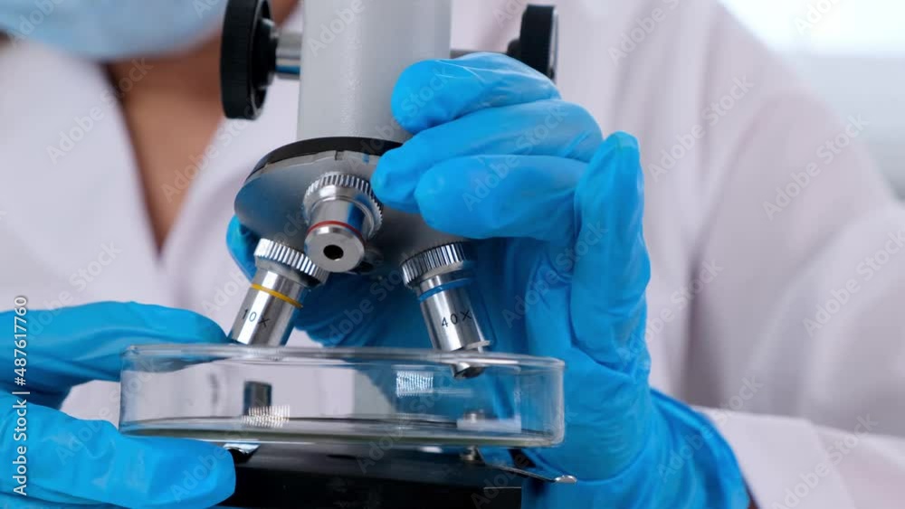 Hands of a researcher laboratory assistant in protective gloves holding a microscope in the laboratory, close up. Hands of a researcher laboratory assistant in protective gloves holding a microscope in the laboratory, close up.