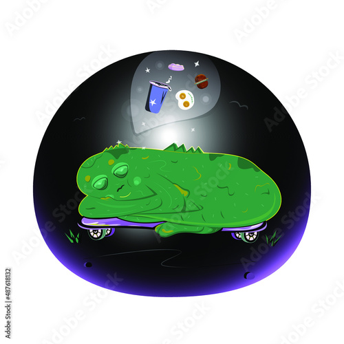 Vector lizard sleeping on colored skateboard and dreaming about tasty breakfast including cup of coffee or tea, scrambled eggs, hamburger and croissant or cake.  Reptilian lying on skateboard at night