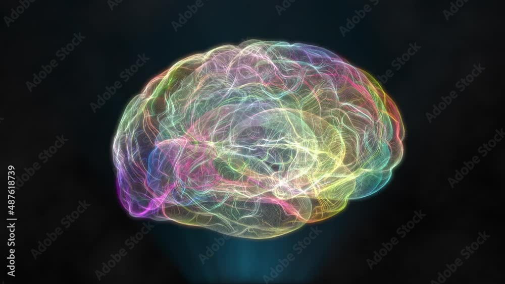 Wireframe 3D animation of the human brain. Rotating brain model with neural network rainbow pulses showing brainstorming neural activity. Artificial Intelligence. Loopable 3d animation.