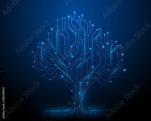Fotobehang tree data technology on blue dark background