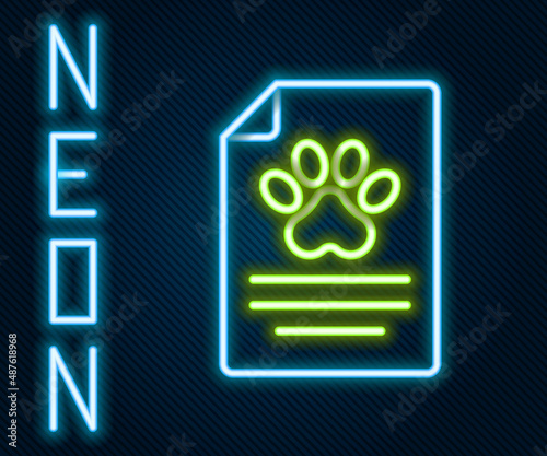 Glowing neon line Clipboard with medical clinical record pet icon isolated on black background. Health insurance form. Medical check marks report. Colorful outline concept. Vector