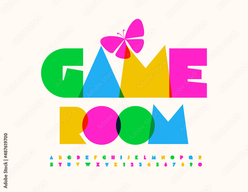 Vector creative poster Game Room with decorative Butterfly. Watercolor bright Font. Abstract style Alphabet Letters and Numbers set Vector creative poster Game Room with decorative Butterfly. Watercolor bright Font. Abstract style Alphabet Letters and Numbers set