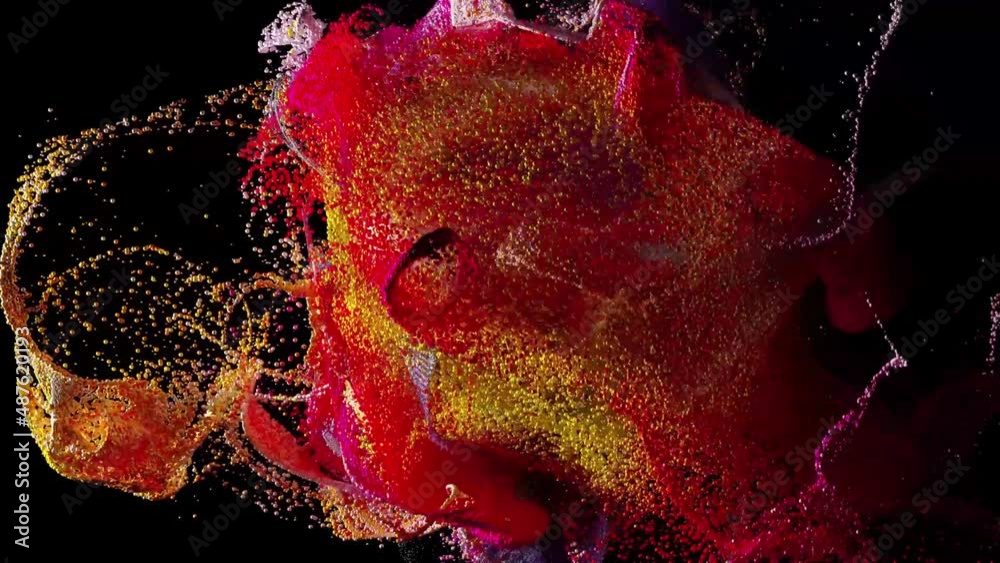 3d render of abstract art video animation with 3d skull in explosion process based on small balls spheres or bubbles  particles in orange red purple blue gradient color on isolated black background