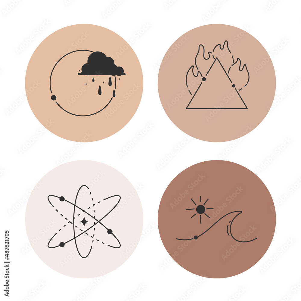 A set of 4 icons for stories, social media. Minimalist round stickers in boho style. Illustrations in terracotta shades. Pastel backgrounds with thin lines, nature. The concept of eco-friendly life. A set of 4 icons for stories, social media. Minimalist round stickers in boho style. Illustrations in terracotta shades. Pastel backgrounds with thin lines, nature. The concept of eco-friendly life.