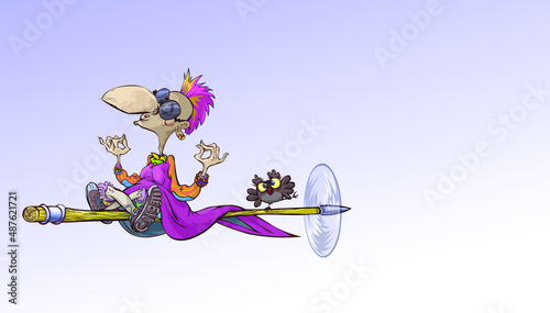 Cartoon Punk-hippie Witch character  with owl flying on broom with propeller. (ID: 487621721)