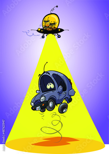 Cartoon funny aliens hijacking a car. (ID: 487621947)