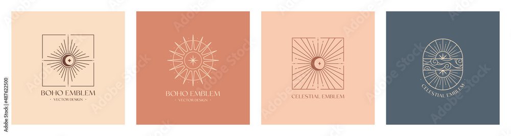Vector linear boho emblems.Bohemian logos design with cloudy sky,guiding star,crescent moon,sun and sunburst.Modern celestial icons or symbols in trendy minimalist style.Branding design templates. Vector linear boho emblems.Bohemian logos design with cloudy sky,guiding star,crescent moon,sun and sunburst.Modern celestial icons or symbols in trendy minimalist style.Branding design templates.