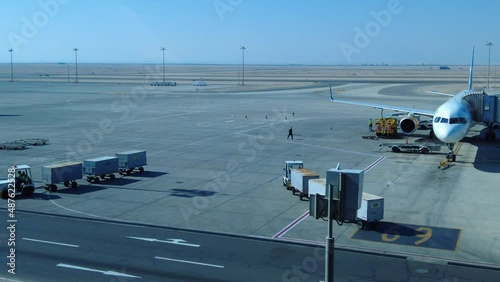 Hurghada, Egypt - January 2022: Hurghada Airport. Preparing the aircraft for takeoff. Airplane at the airport after arrival.