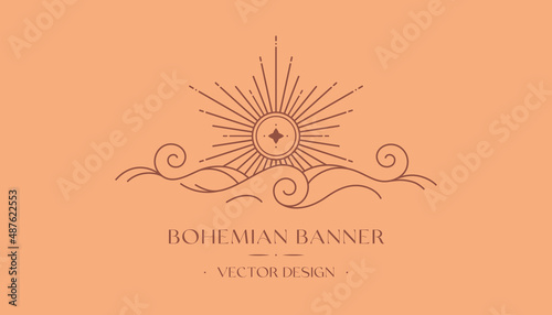 Vector bohemian logo design with sun,cloud or sea waves and light rays.Boho linear icon or symbol in trendy minimal style.Modern celestial emblem.Branding design,website banner,social media template.