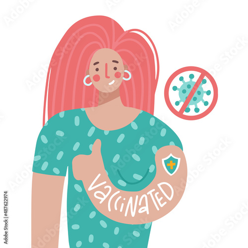 Pink haired woman after vaccination. Vaccine injection in arm, shoulder. Female character after getting vaccine. Satisfied strong girl concept. Flat vector cartoon illustration isolated on white
