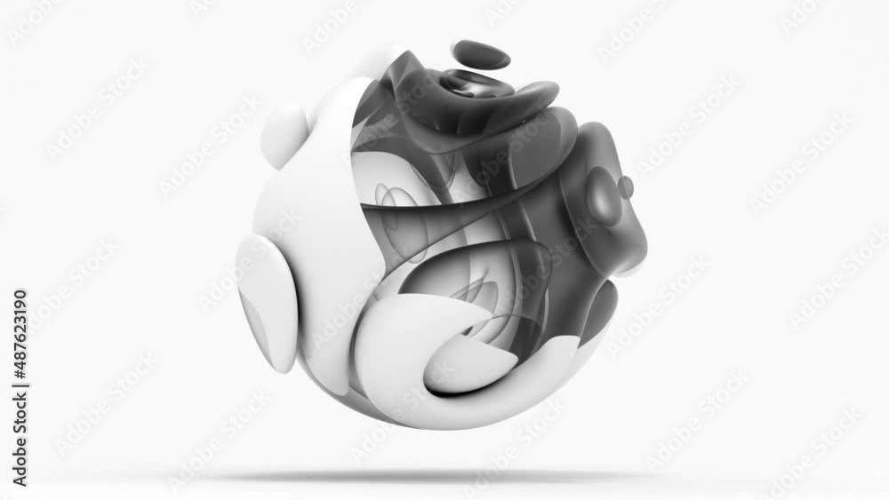 3d video render with abstract black and white monochrome art with surreal ball sculpture in spherical organic curve wavy smooth soft biological lines forms with glass black parts on white background