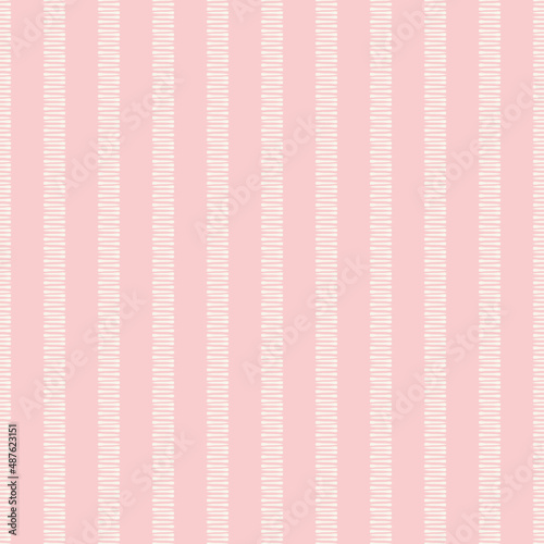 Abstract stitch style stripe vector pattern seamless background. Running hand stitch needle work effect vertical stripes. Simple embroidery stitching repeat in pink and white. All over print for baby