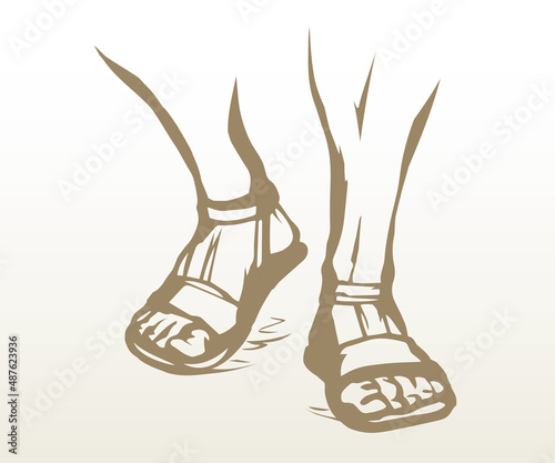 Legs walk along the road. Vector drawing