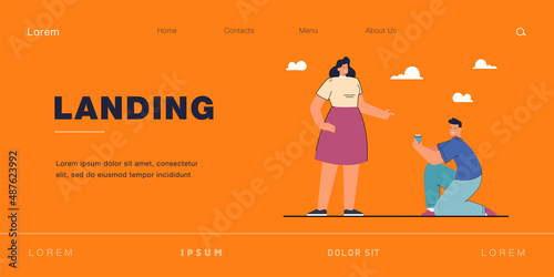 Cartoon boyfriend proposing to girlfriend. Man kneeling in front of woman, holding box with ring flat vector illustration. Romance, love, relationship concept for website design or landing web page